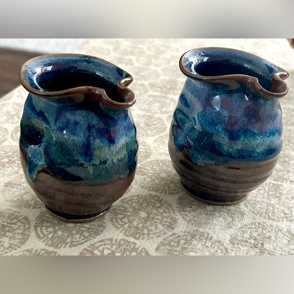 Mini Handcrafted Blue and Brown Ceramic Pottery (1 set of 2)